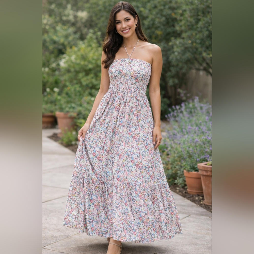 En Saison Floral Smocked Maxi Dress Strapless Tiered Boho Small